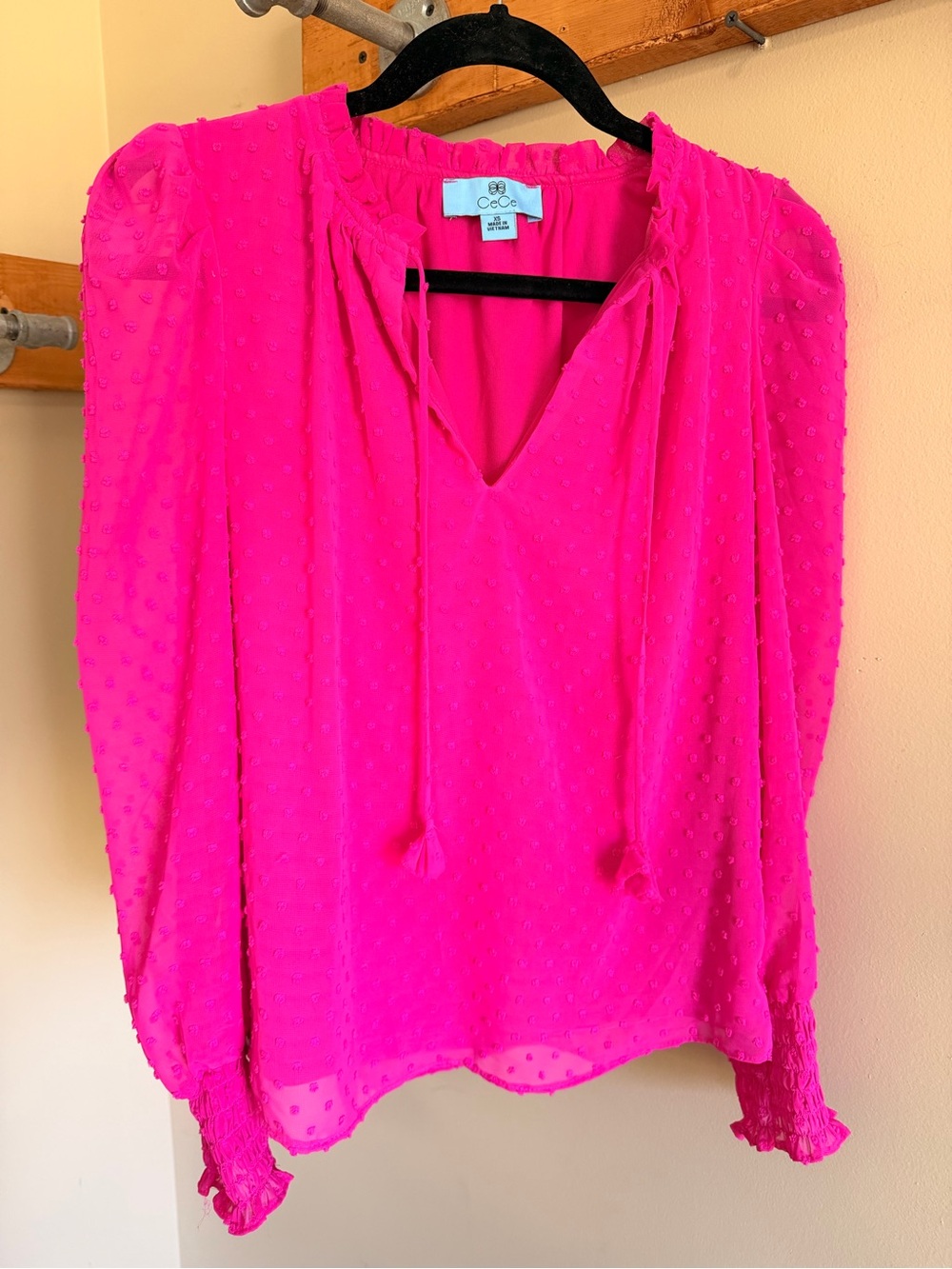 CeCe Bright Fuchsia Swiss Dot Tie-Front Blouse